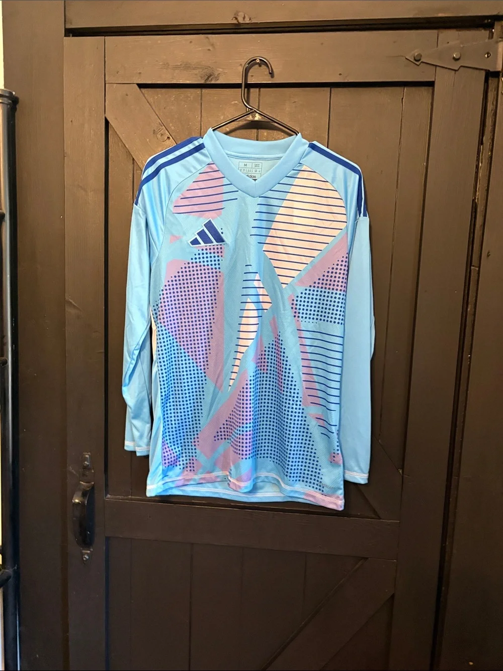 adidas Light Blue Long Sleeve Graphic Jersey with Pink Accents